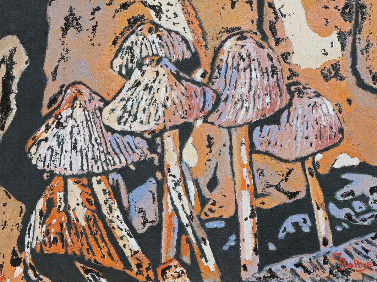 Woodland Mushrooms - Framed - Ready To Hang - Ink Resist Painting by Margaret Battye