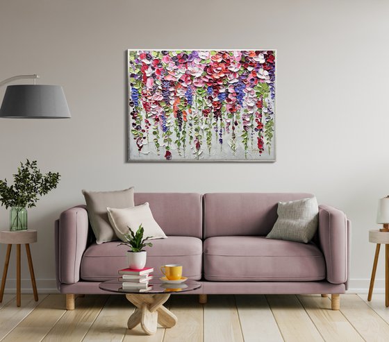 Blooming Above - Original Abstract Falling Colorful Leaves Flower Painting, Pink Flower Painting, Size: 32 x 24 inches (80 x 60 cm)