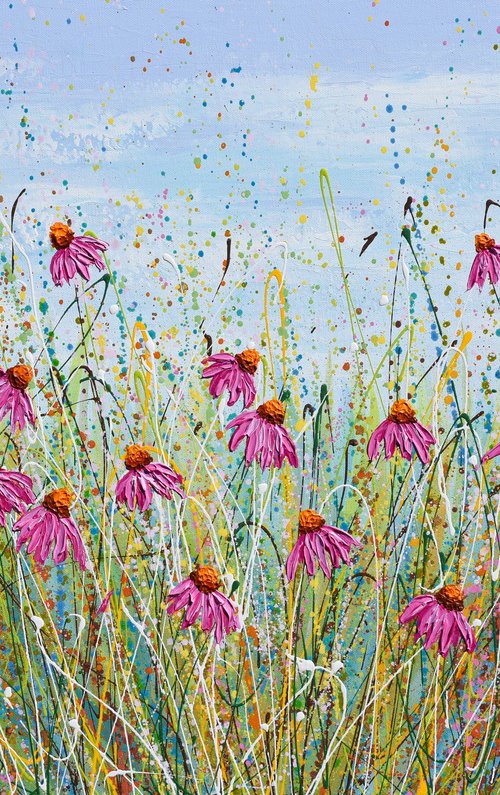 Pink Echinacea- Textured Floral Painting, Palette knife art by Olga Tkachyk