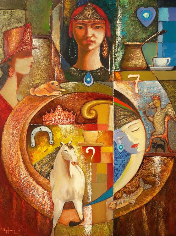 Divination with a cup of coffee (70x100cm, oil/canvas, ready to hang)