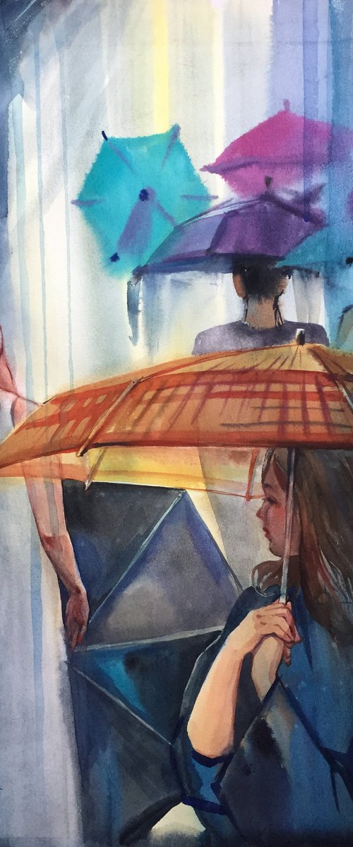 Rain. City landscape with people. by Natalia Veyner