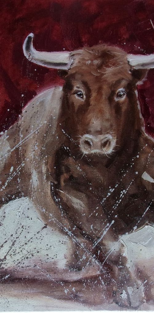 " NATURE ... " -  BULL original oil painting on canvas, gift,  PALETTE KNIFE TORRO hossa by Monika Luniak