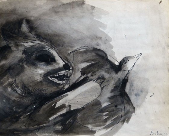 Cat and bird, large vintage drawing, 62x50 cm