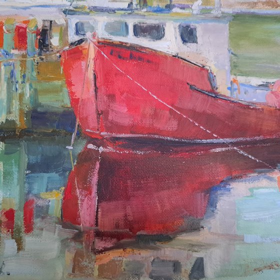 Red boat , plein air, original, one of a kind, oil on canvas painting, 12x12''