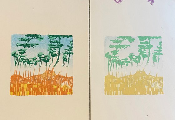 Sutton Hoo, woodland walk  - Tree Line Linocut Print - Mini Print