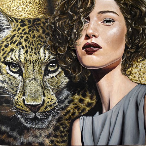 "Lady Leopard" 100 x 100 cm ,  / hyperrealism / photorealism / wild cat / wild life/ animalism