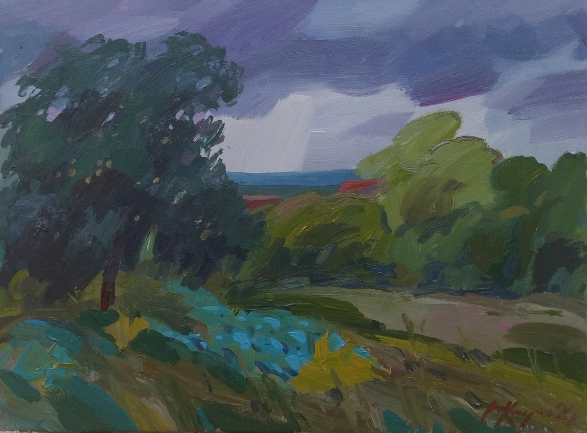 Impressionistic Landscape Acrylic Painting By Sergey Kachin, 24 X 18", Rain, Original Artwork