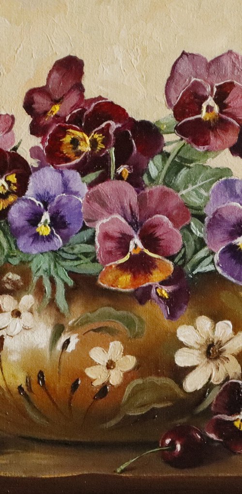 Pansies in Rustic Jug with Cherries by Natalia Shaykina