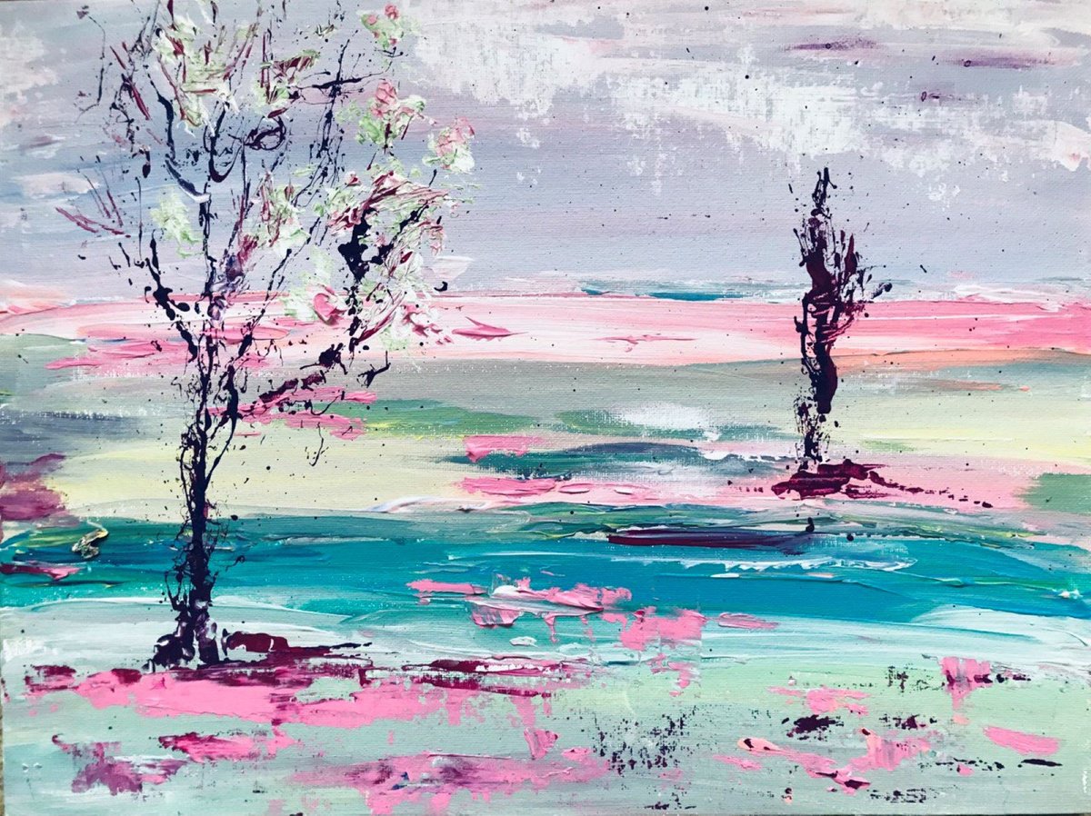 Abstract Landscape Acrylic Painting By Tetiana Pchelnykova, 16 X 12", Whispers Of Blooming Silhuette, Original Artwork