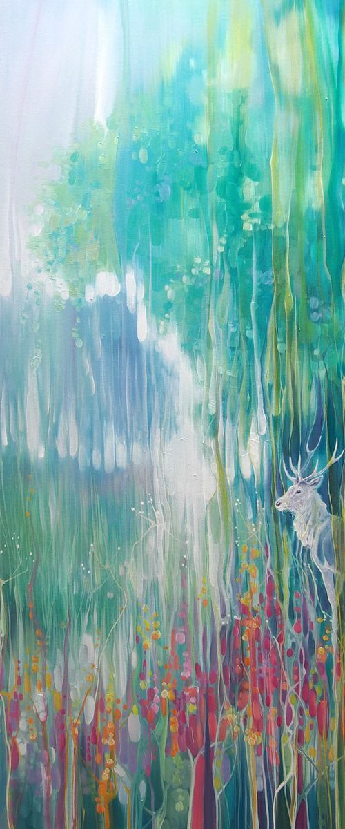 Spirit of May - an art nouveau contemporary landscape painting of a white spectral deer in a wildflower meadow by Gill Bustamante