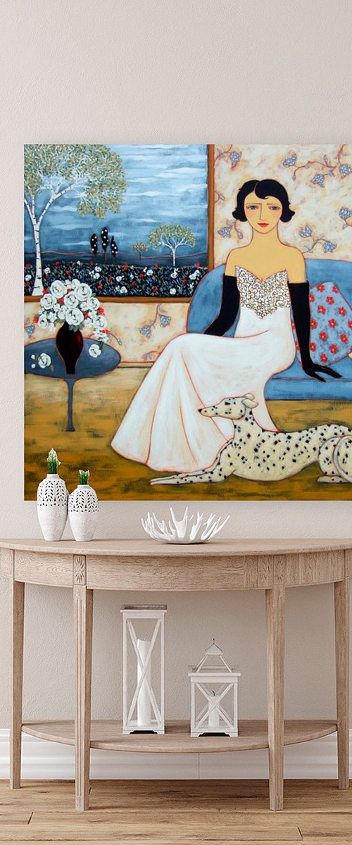 Woman with Landscape & White Rose Bouquet by Karen Rieger