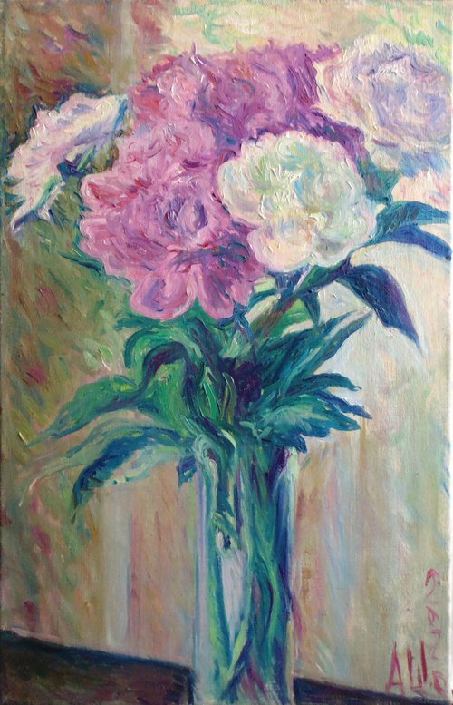 Peonies in a tall vase by Alexander Shvyrkov