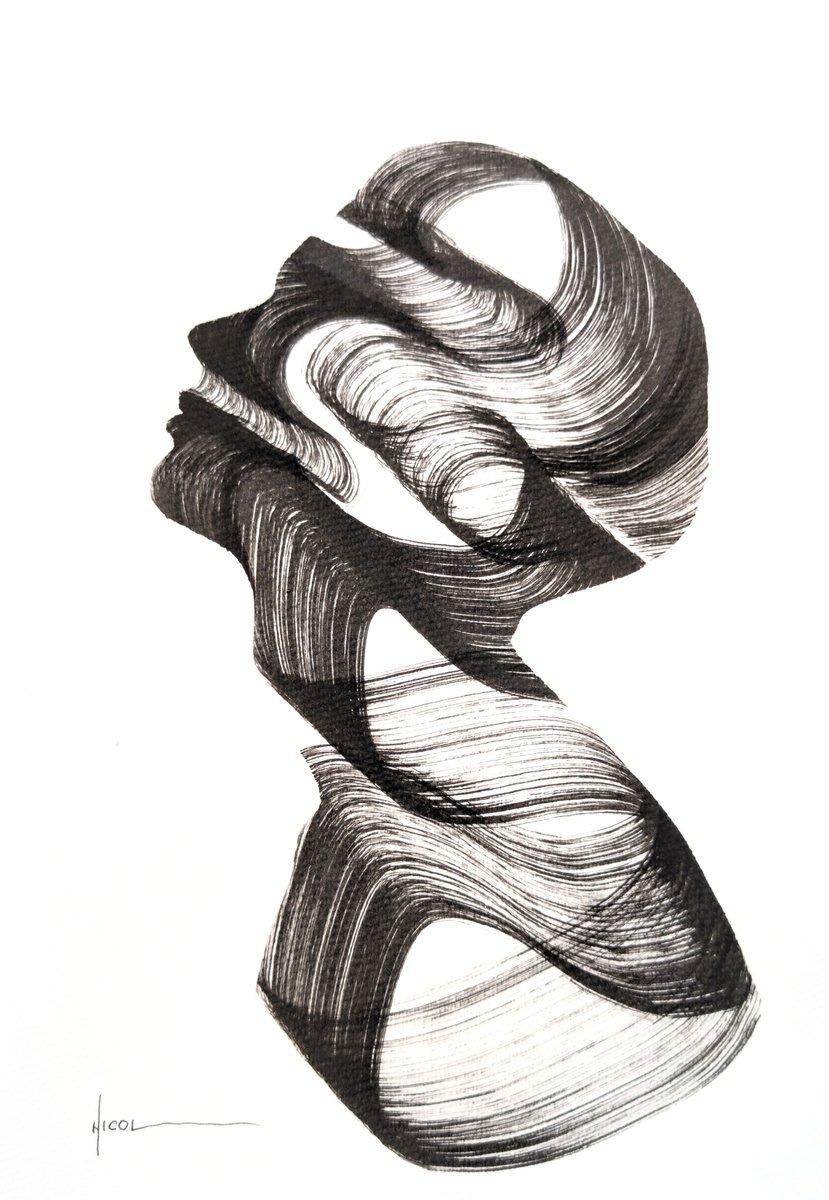 Expressive Portrait Ink Drawing By Nicol Vacaru, 11 X 15", Unfolding Silence, Original Artwork