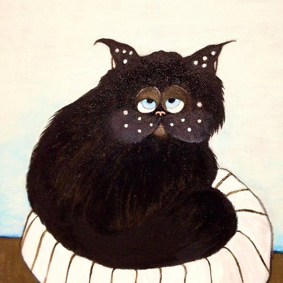 Black cat with cushion