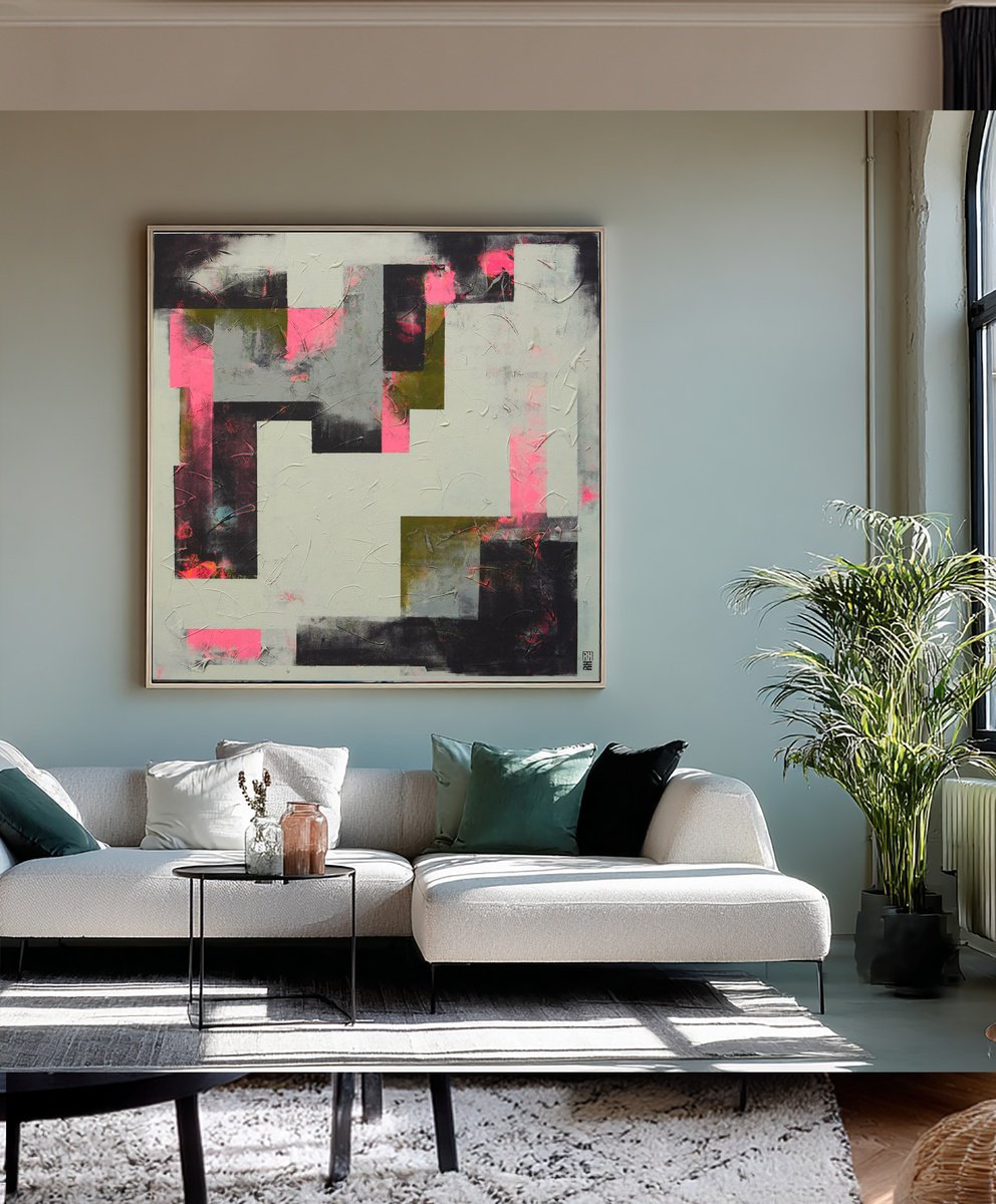 Abstract Acrylic Painting By Ronald Hunter, 47 X 47", City Plan, Original Artwork