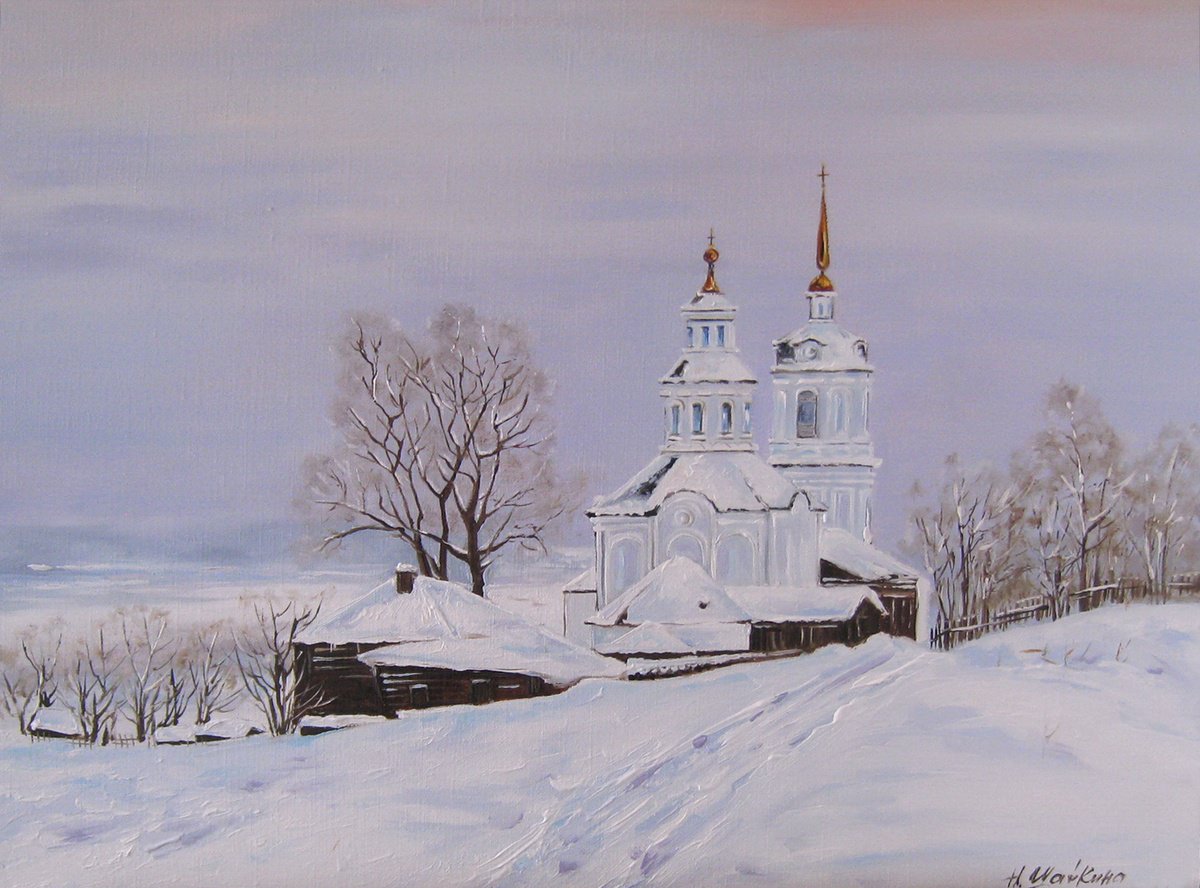 Impressionistic Landscape Oil Painting By Natalia Shaykina, 16 X 12", Snow Landscape, Winter Church, Countryside, Artfinder