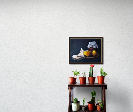 Yellow pears - modern still life with pears and ancient pot.