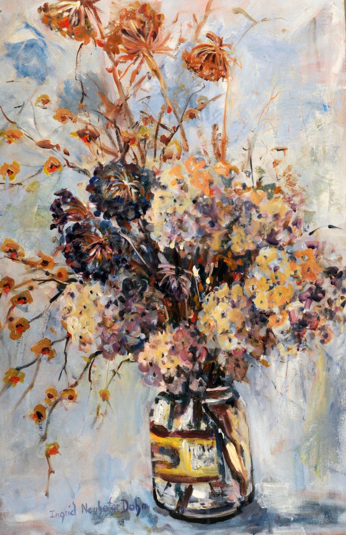 Dried Flowers in a Pickle Jar Acrylic painting by Ingrid Dohm