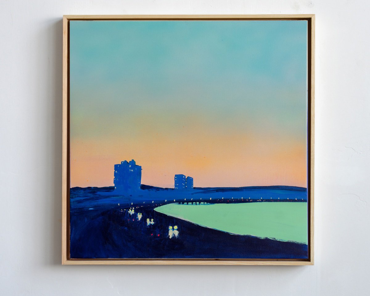 Impressionistic Landscape Acrylic Painting By Bohdan Katolyk, 24 X 24, Evening City, Original Artwork