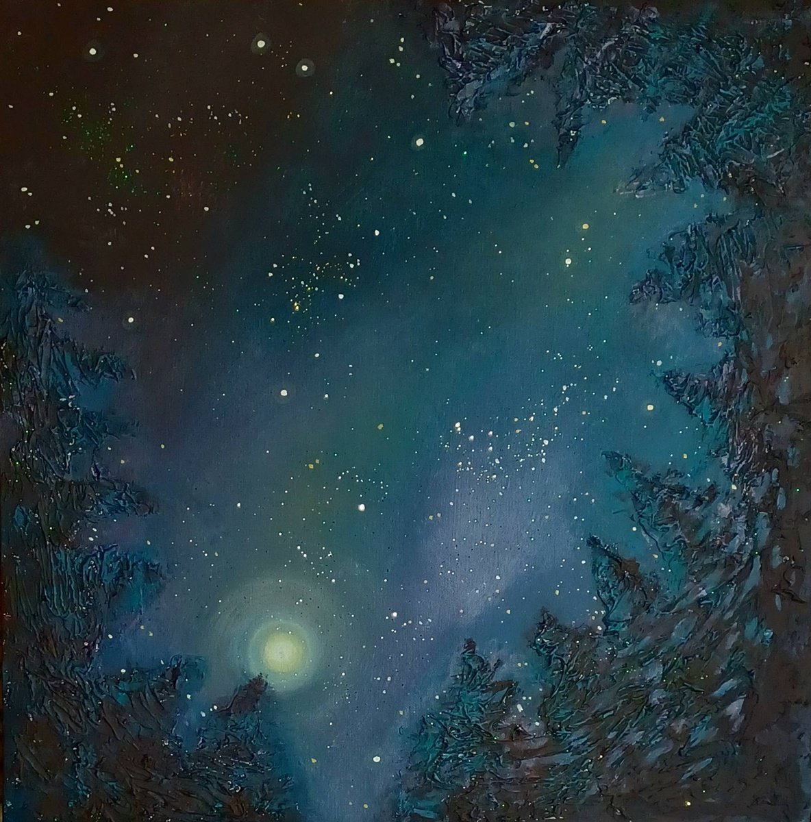 Surrealistic Acrylic Painting , Deep Forest Galaxy By Jo Van Kampen, 22 X 22, Artwork For Sale On Artfinder