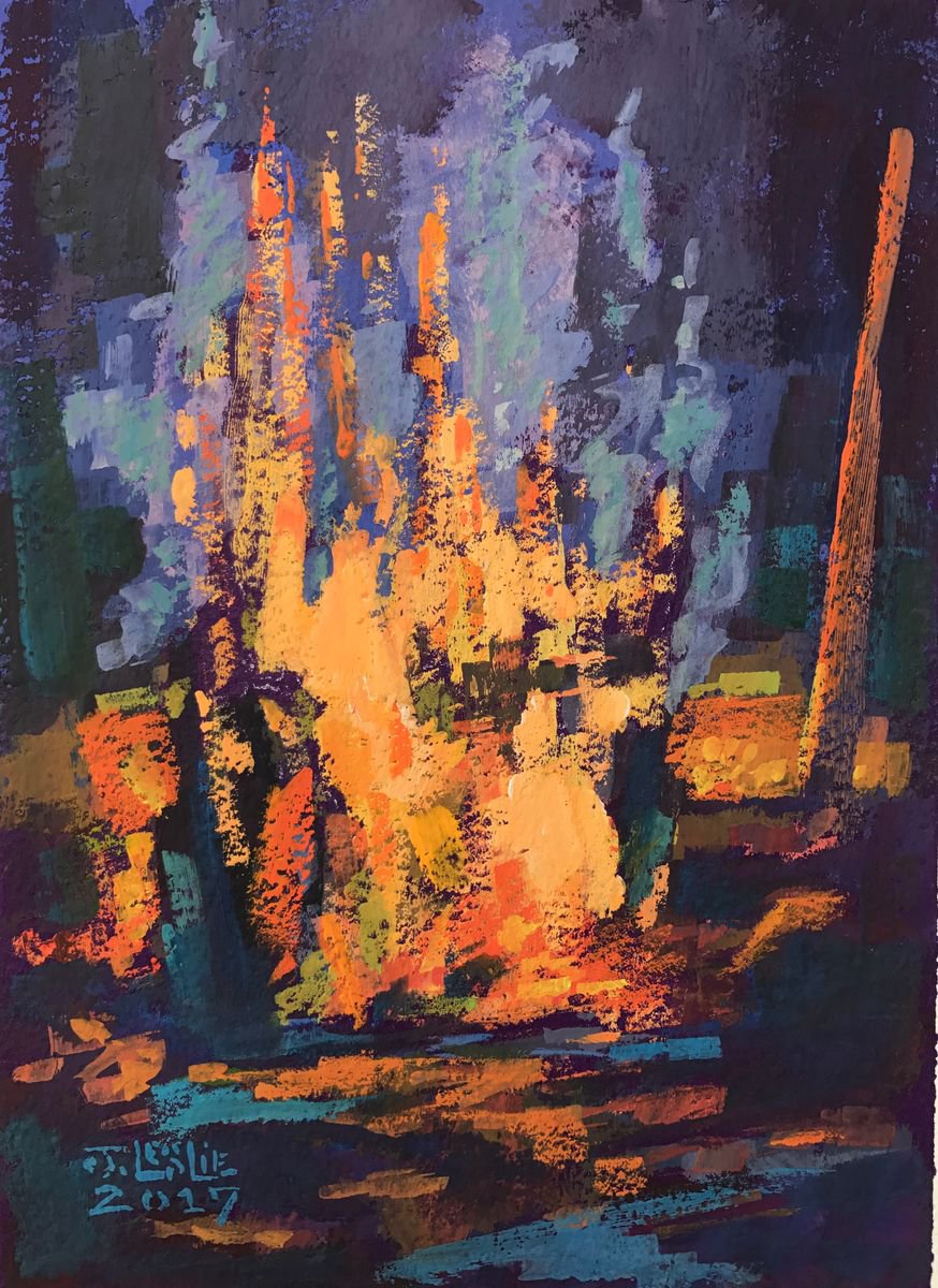 Impressionistic Painting , Fire Pit At Allaire Village By Jimmy Leslie, 5 X 7, Artwork For Sale On Artfinder
