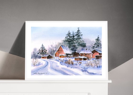 Winter in the country original watercolor painting with snow and sunset , medium format artwork on paper