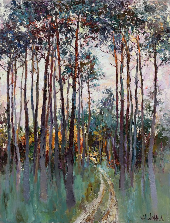 Trees. Morning pine forest -  Landscape painting