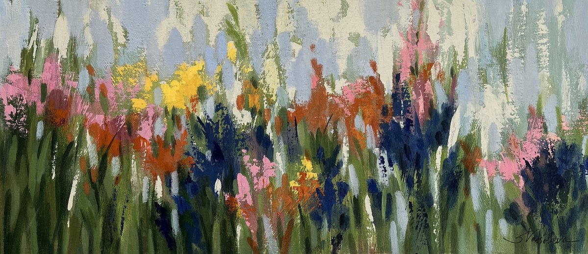 Impressionistic Botanical Acrylic Painting By Silvia Vassileva, 30 X 13", Early Summer Bloom I, Original Artwork