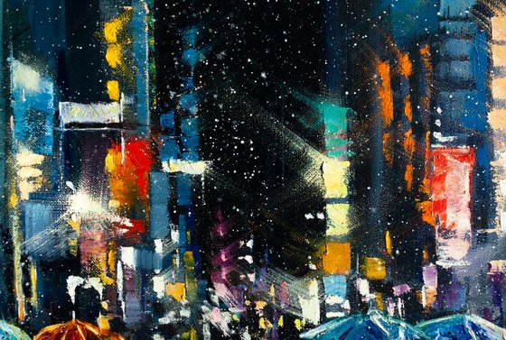 "Street of the night city" people with umbrella , original oil painting