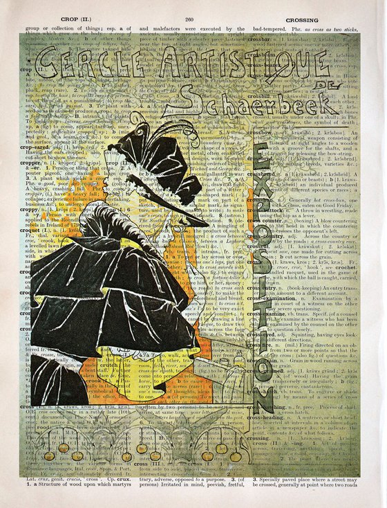 Cercle Artistique de Schaerbeek Exposition - Collage Art Print on Large Real English Dictionary Vintage Book Page