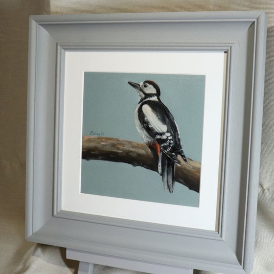 Woodpecker Oil Painting, Bird Artwork, Animal Art Framed