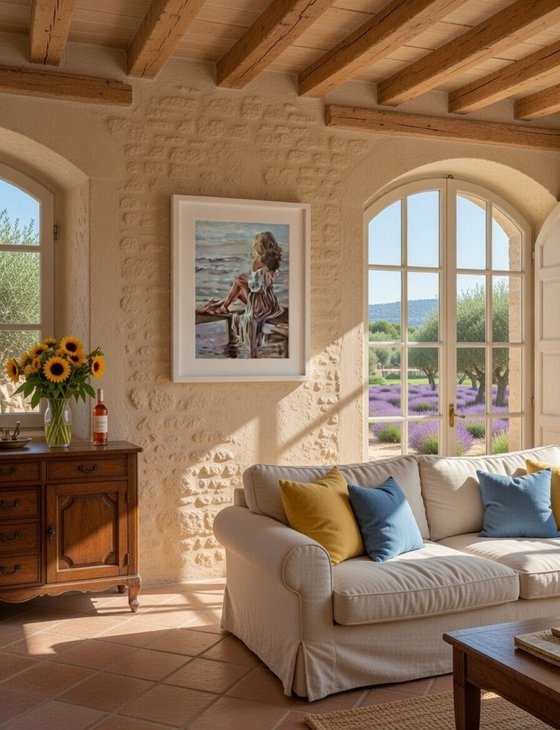 " WOMAN SITTING BY THE LAKE IN LIGHT "