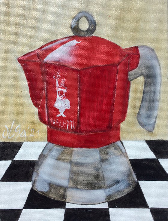 Italian red coffee grinder on a chessboard - Gift idea for coffee lover