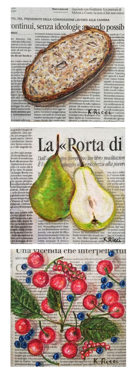 Impressionistic Still Life Oil Painting By Katia Ricci, 6 X 6", Bread And Fruits News-Inspired, Original Artwork