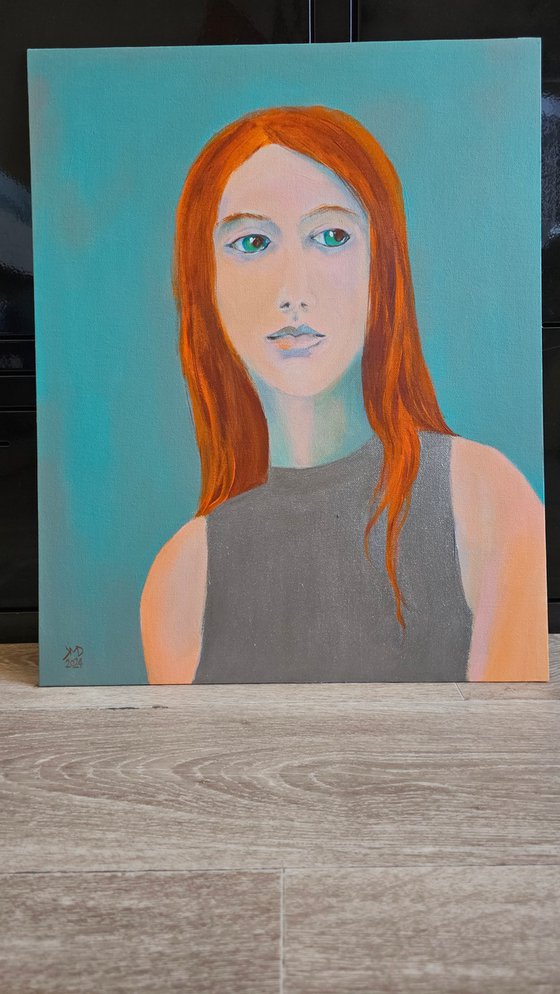 Red Hair Mona Lisa in a silver dress