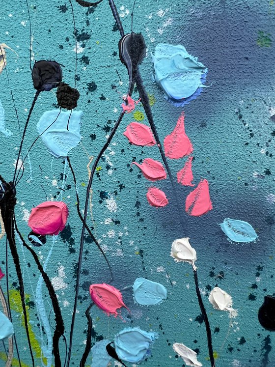 Square acrylic structure painting with flowers "Blue Field", mixed media