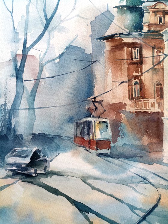 "Tram on the streets of Lviv, Ukraine" city landscape - Original watercolor painting