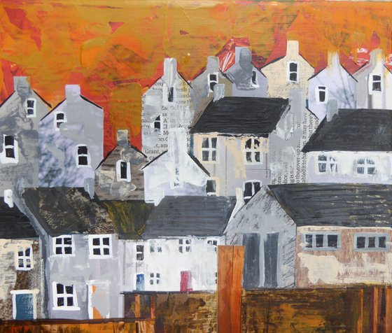 Harbour, collage with orange sky