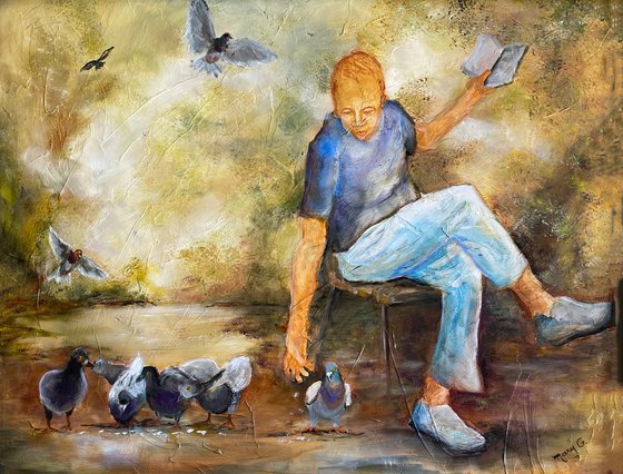 Feeding Pigeons at the Park Original Oil Painting Framed