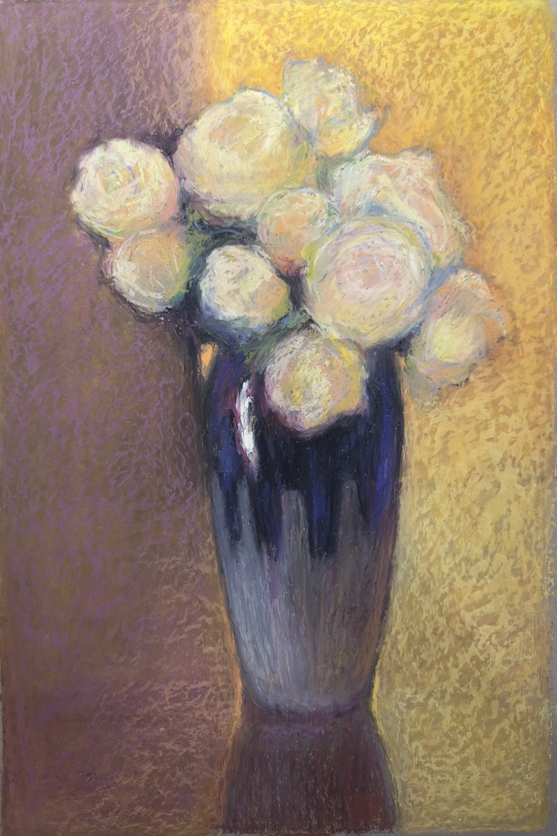 Impressionistic Botanical Pastel Drawing By Nataliia Zaharuk, 12 X 17", Blue Vase, Original Artwork