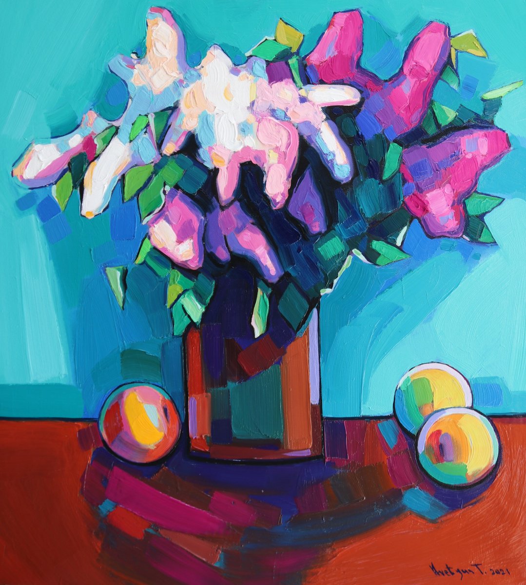 Impressionistic Still Life Oil Painting By Tigran Avetyan, 20 X 22", Lilac Flowers, Original Artwork