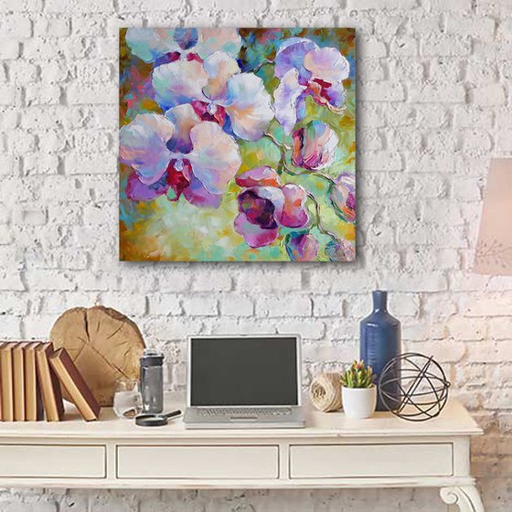 Original oil painting flowers, blooming flower, Orchid, impasto, palette knife