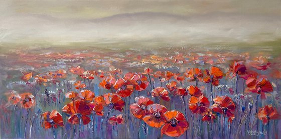 "Field of red poppies". Scenery. Flowers. Original oil painting