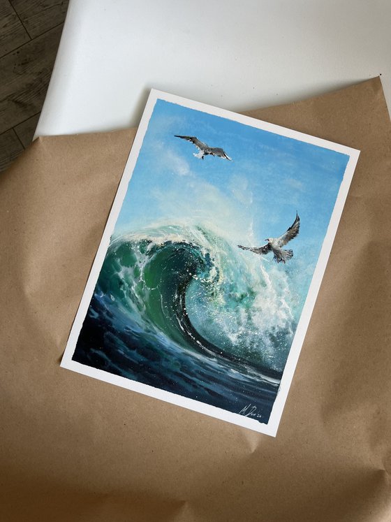 Ocean Wave With Seagulls