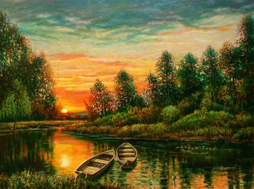 Magic sunset, oil impressionism, beautiful landscape, EXTRA PRICE by Borko Sainovic