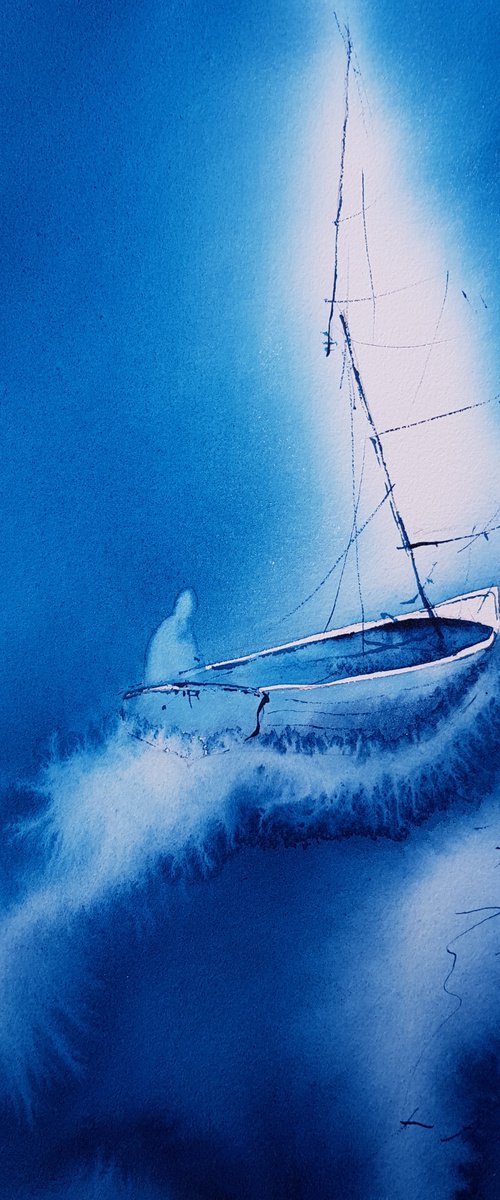 Blue sea  landscape. Sailboat.  Original watercolor picture. by Marina Abramova