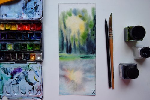 Abstract Watercolour Painting, Sun Forest Small Artwork, River Landscape Wall Art by Kate Grishakova