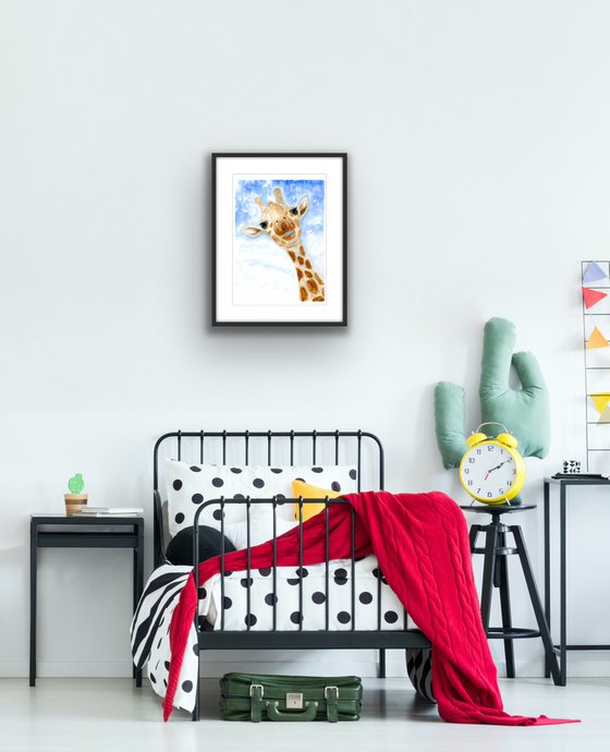 Animal watercolor painting - Giraffe portrait - Funny large art for kids - Gift idea for animal lover