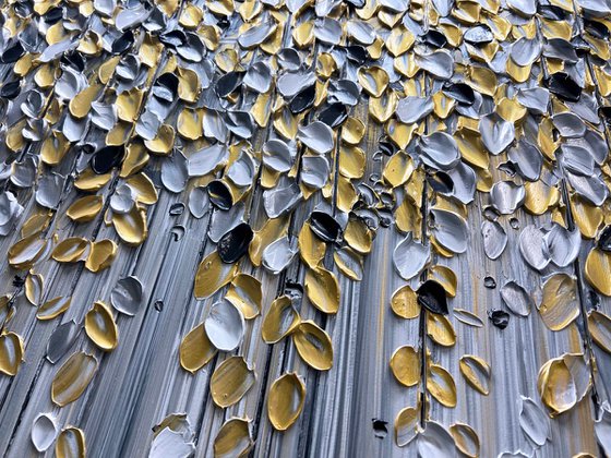 Golden Cascade - Original Abstract Falling Gold Leaves FlowerPainting, White Flower Painting, Size: 48 x 24 inches (120 x 60 cm)