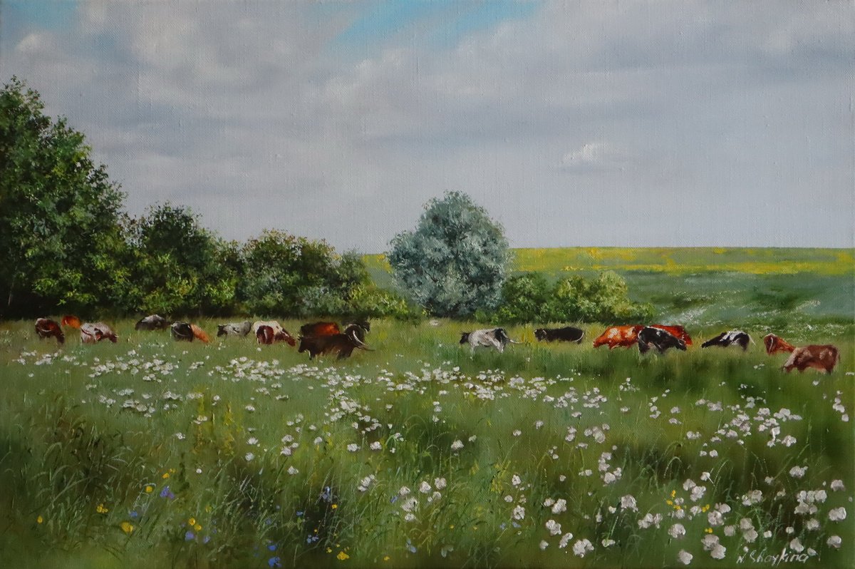 Impressionistic Landscape Oil Painting By Natalia Shaykina, 24 X 16", Cows In The Meadow, Original Artwork